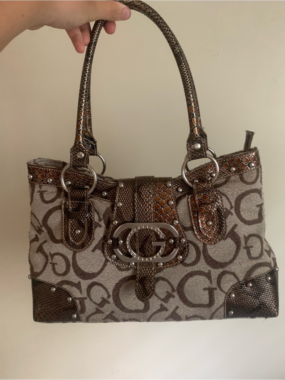 G by Guess Brown Monogram Shoulder Bag with Metallic Accents